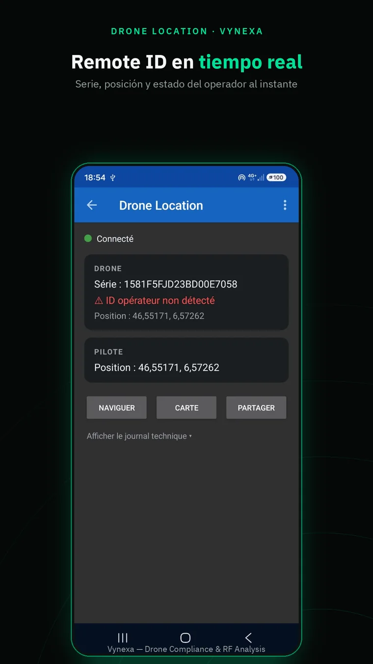 Live Remote ID data in Vynexa app