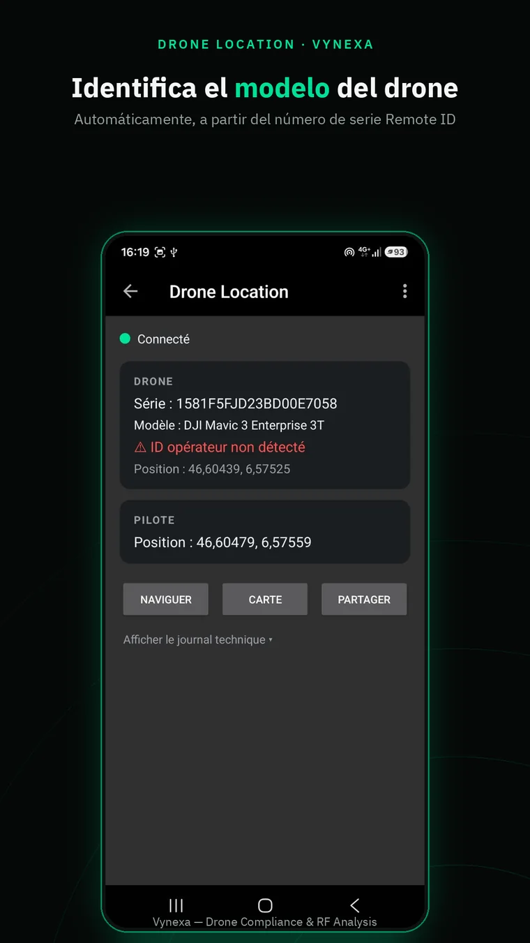 Drone model identification in Vynexa app